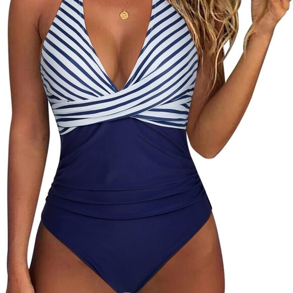 Women Sexy Tummy Control One Piece Swimsuit, White Blue Striped, Size L, Feature - Picture 1 of 6